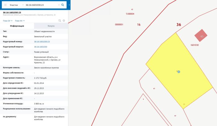 Участок на публичной кадастровой карте